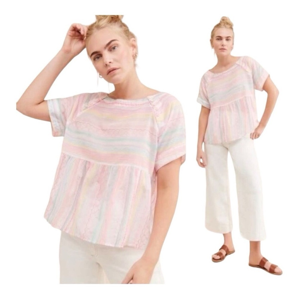Anthropologie Letty Top Rainbow Pastels Embroidered Babydoll Top size Medium